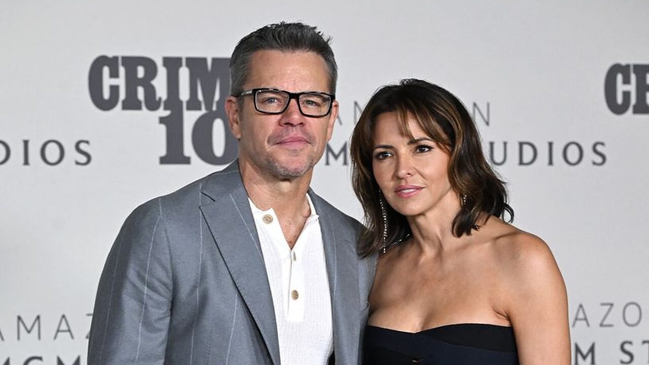 US actor Matt Damon and Luciana Barroso attend the premiere of Amazon MGM Studios' "Crime 101" at The United Theatre in Los Angeles, on February 10, 2026.