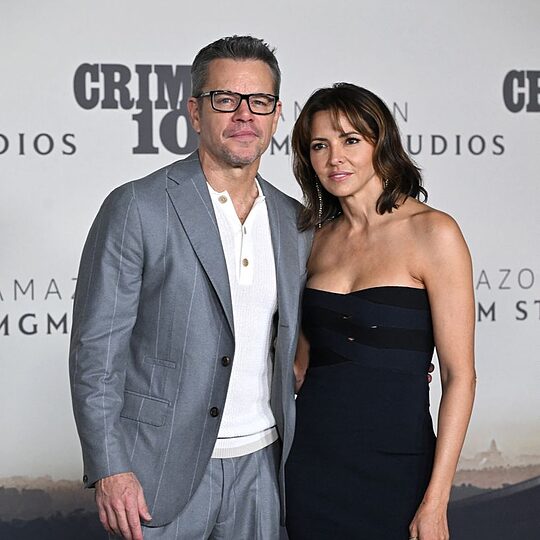US actor Matt Damon and Luciana Barroso attend the premiere of Amazon MGM Studios' "Crime 101" at The United Theatre in Los Angeles, on February 10, 2026.